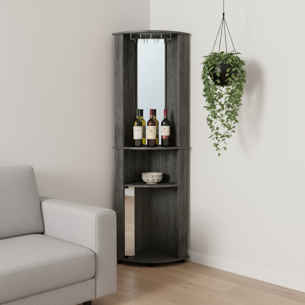 75" Charcoal Ribbed Wood Corner Bar Cabinet