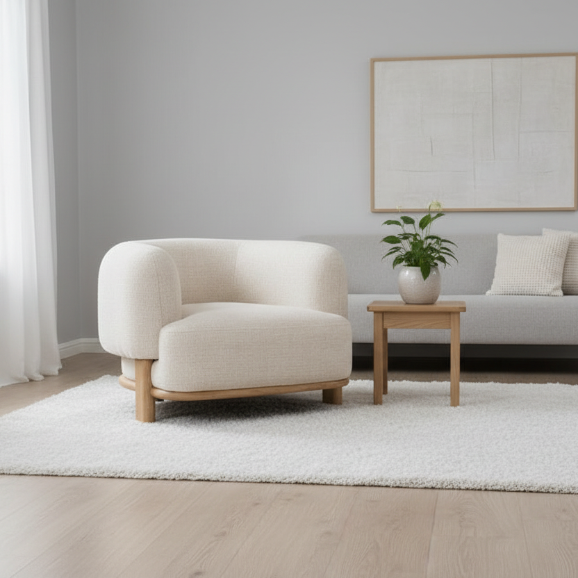 39" Cream Modern Wood Barrel Chair