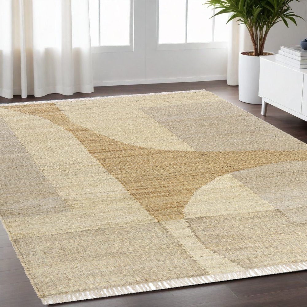 Beige and Ivory Abstract Jute Rug with Fringe Tassels