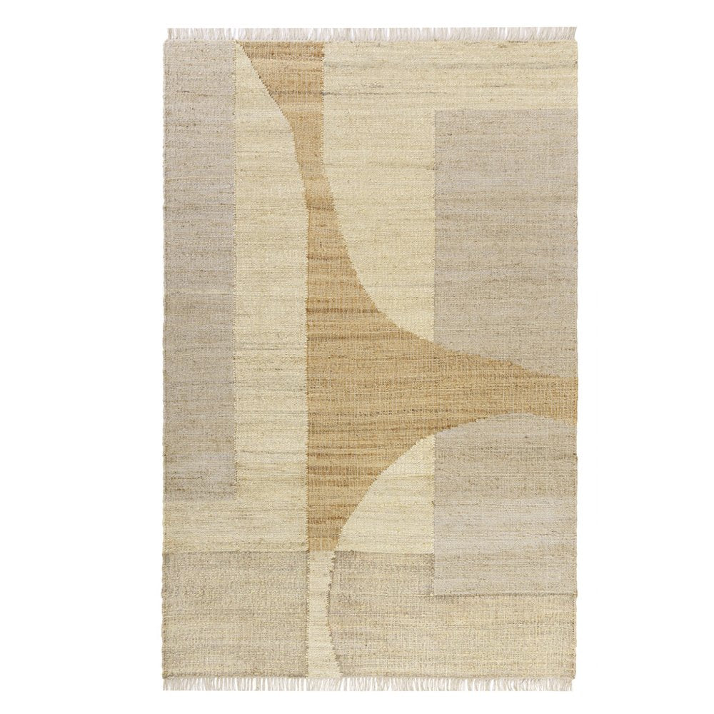 Beige and Ivory Abstract Jute Rug with Fringe Tassels