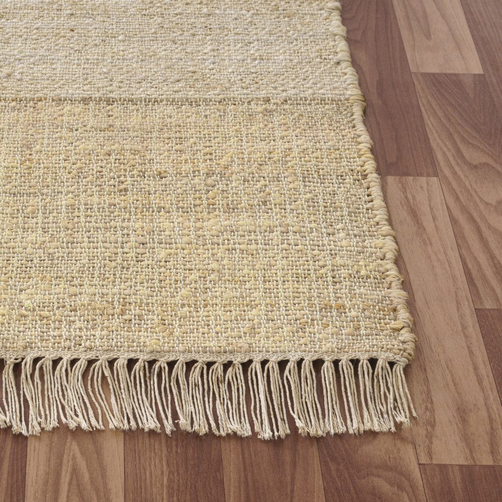 Beige and Ivory Abstract Jute Rug with Fringe Tassels