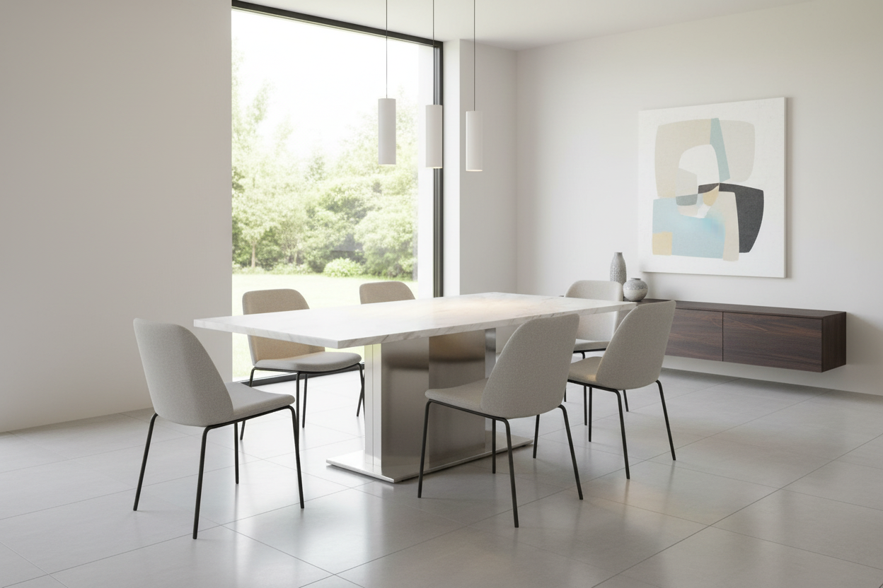 79" Gray, White, and Silver Marble and Steel Pedestal Dining Table