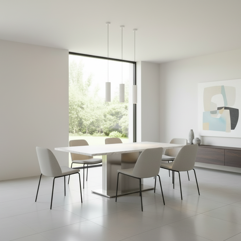 79" Gray, White, and Silver Marble and Steel Pedestal Dining Table