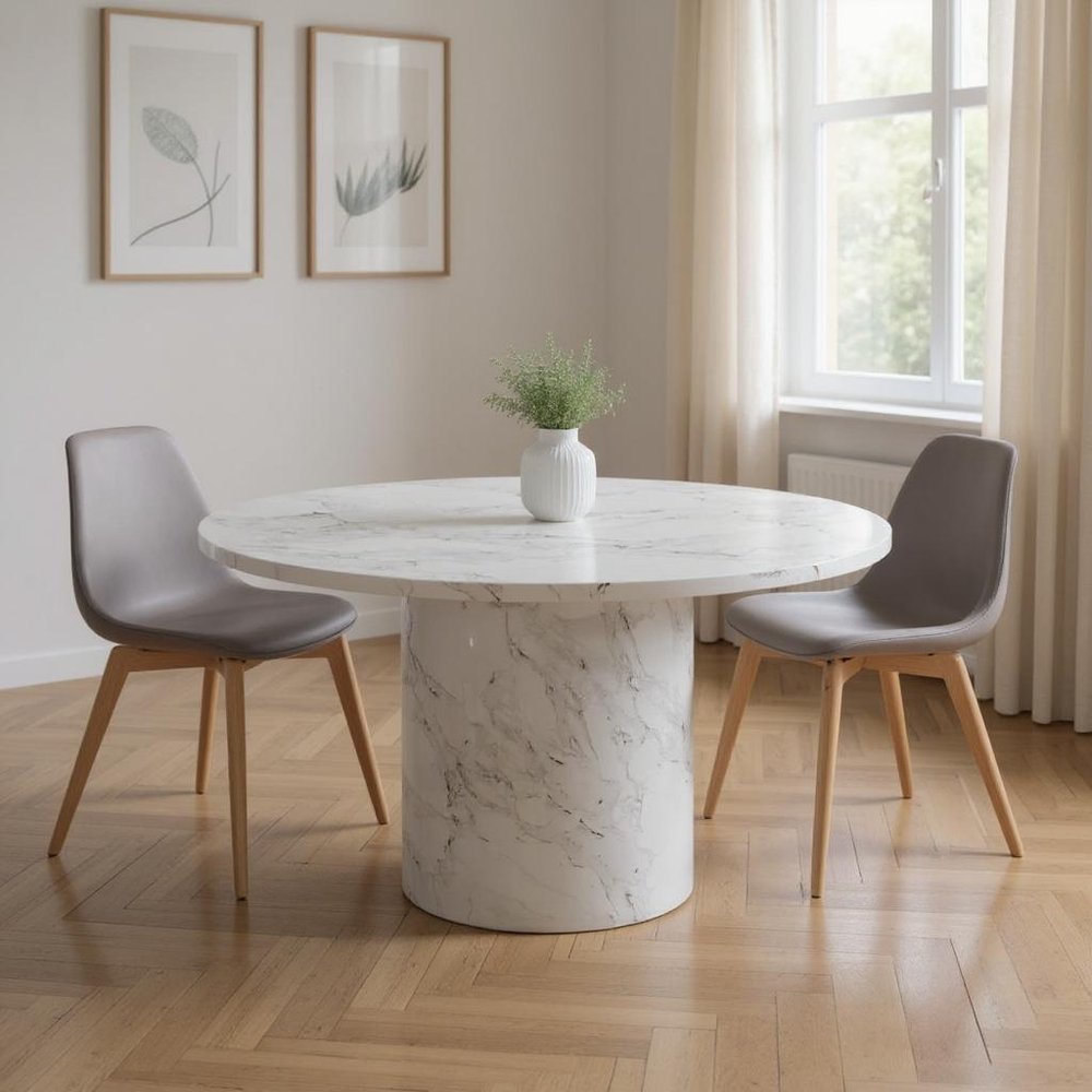 60" Gray and White Marble Pedestal Round Dining Table