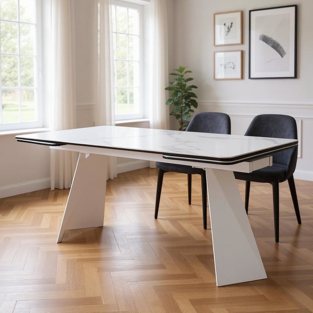 63" White Leaf Pedestal Extendable Dining Table