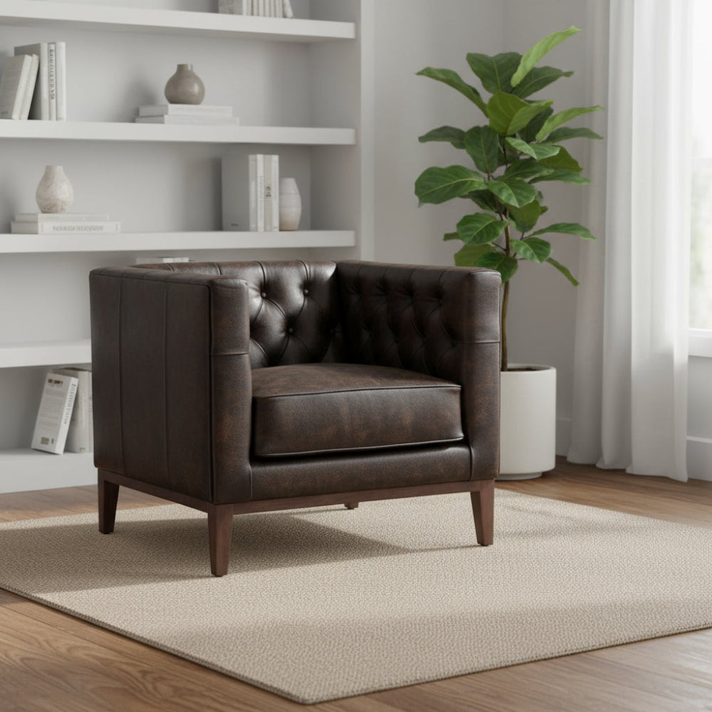33" Brown and Black Antiqued Tufted Leather Tuxedo Club Chair