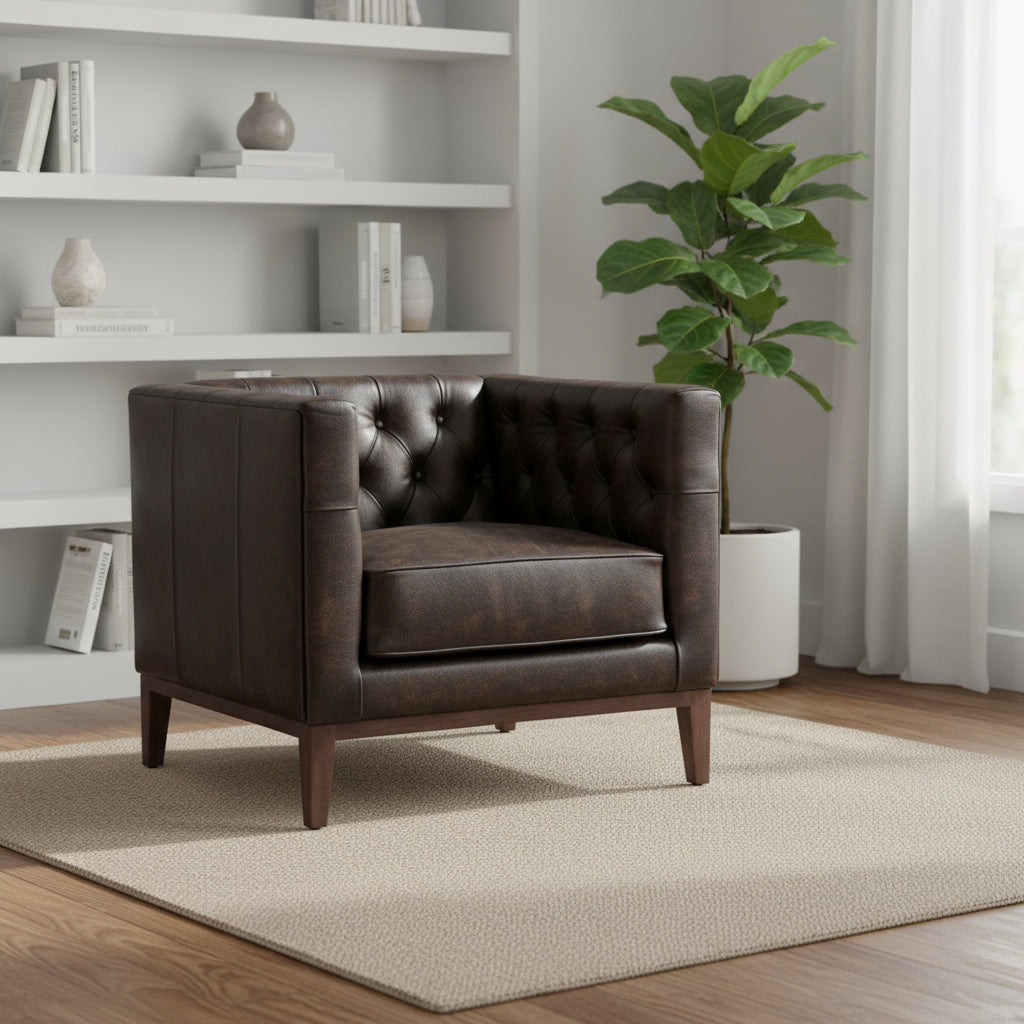 33" Brown and Black Antiqued Tufted Leather Tuxedo Club Chair