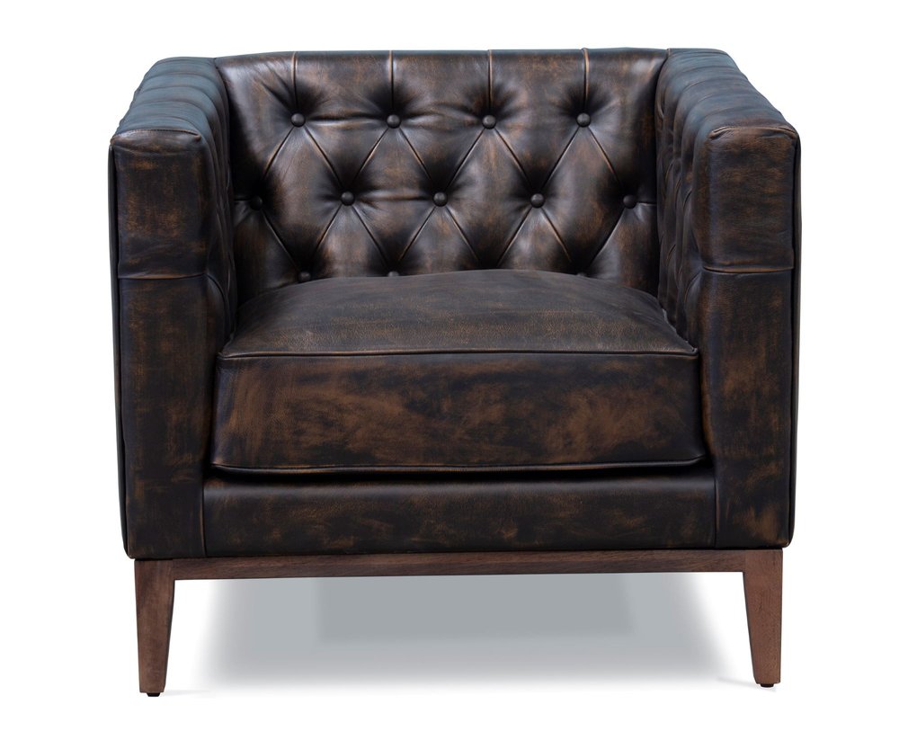 33" Brown and Black Antiqued Tufted Leather Tuxedo Club Chair