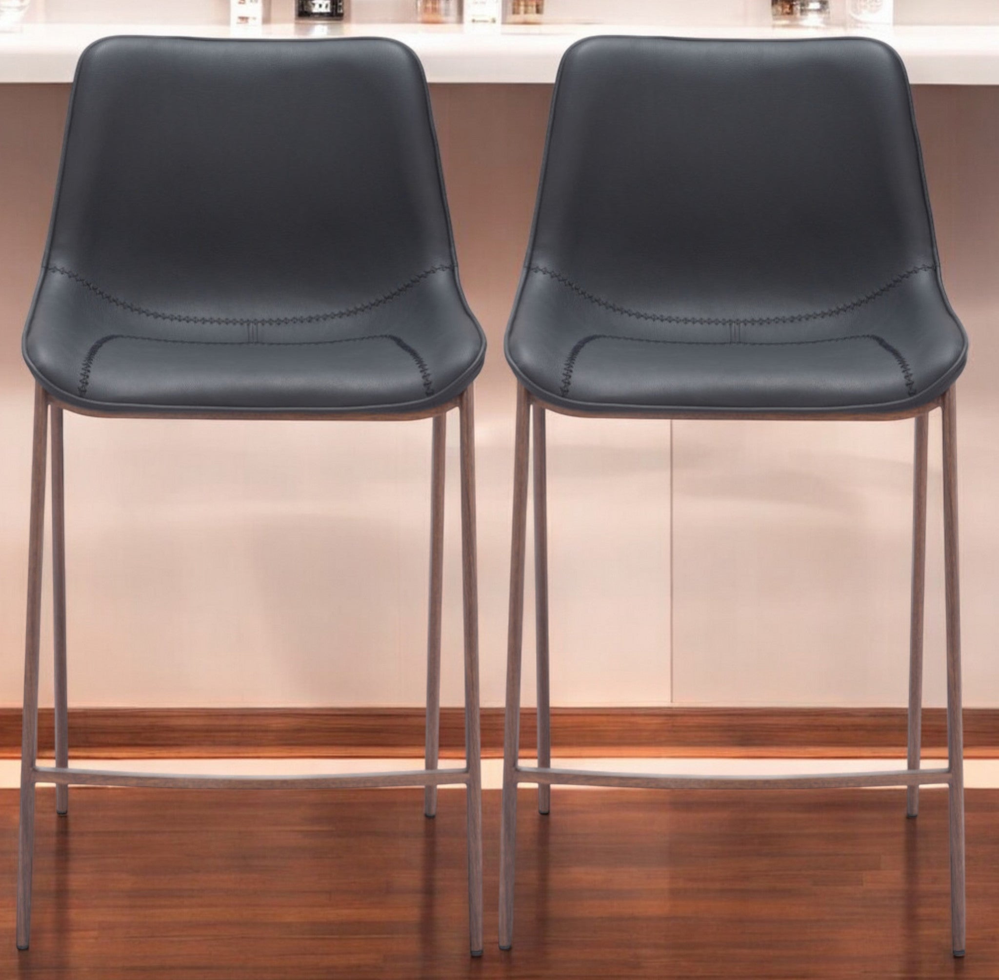 43" Set of Two Faux Leather and Wood Bucket Bar Chair