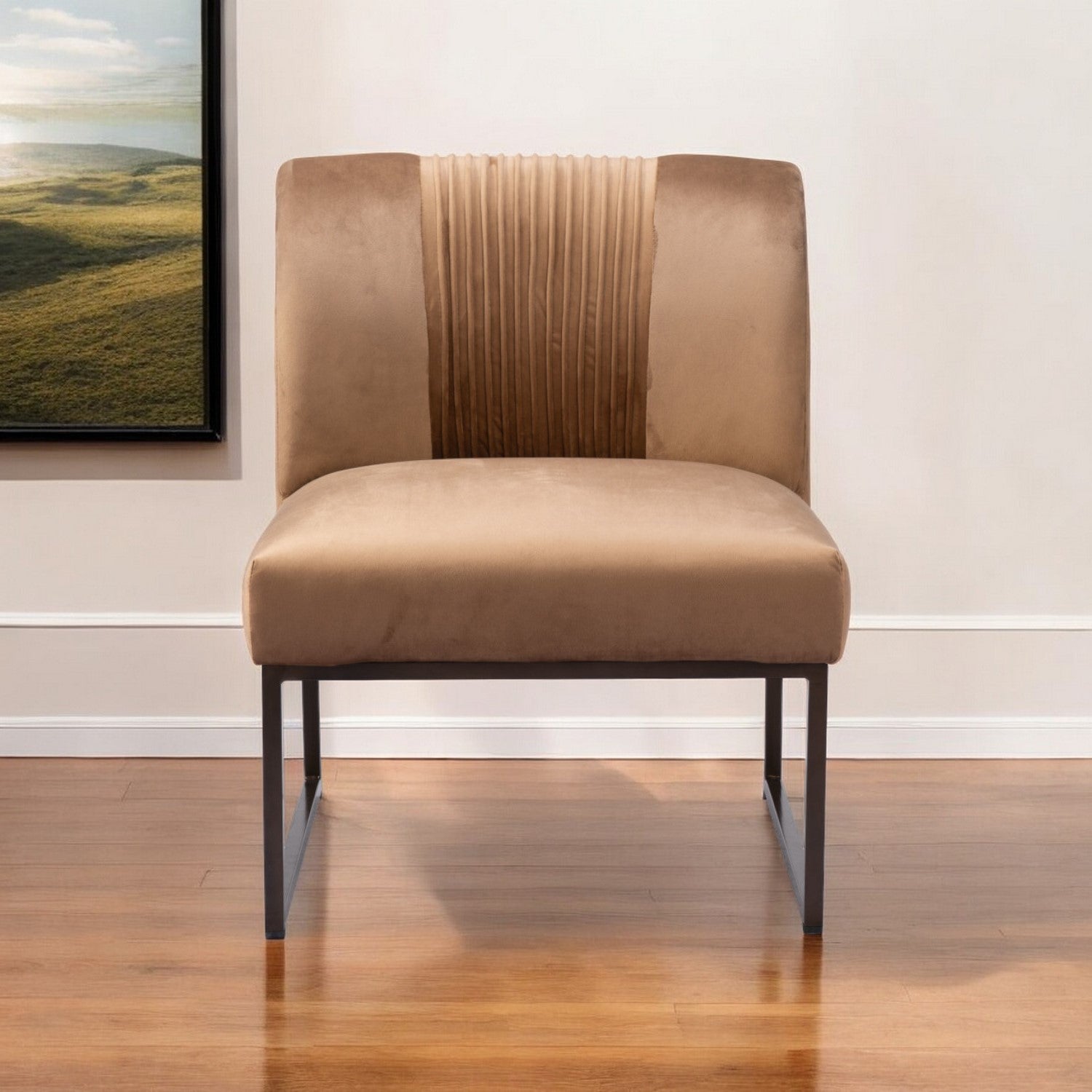 25" Brown and Brass Velvet Tufted Slipper Chair