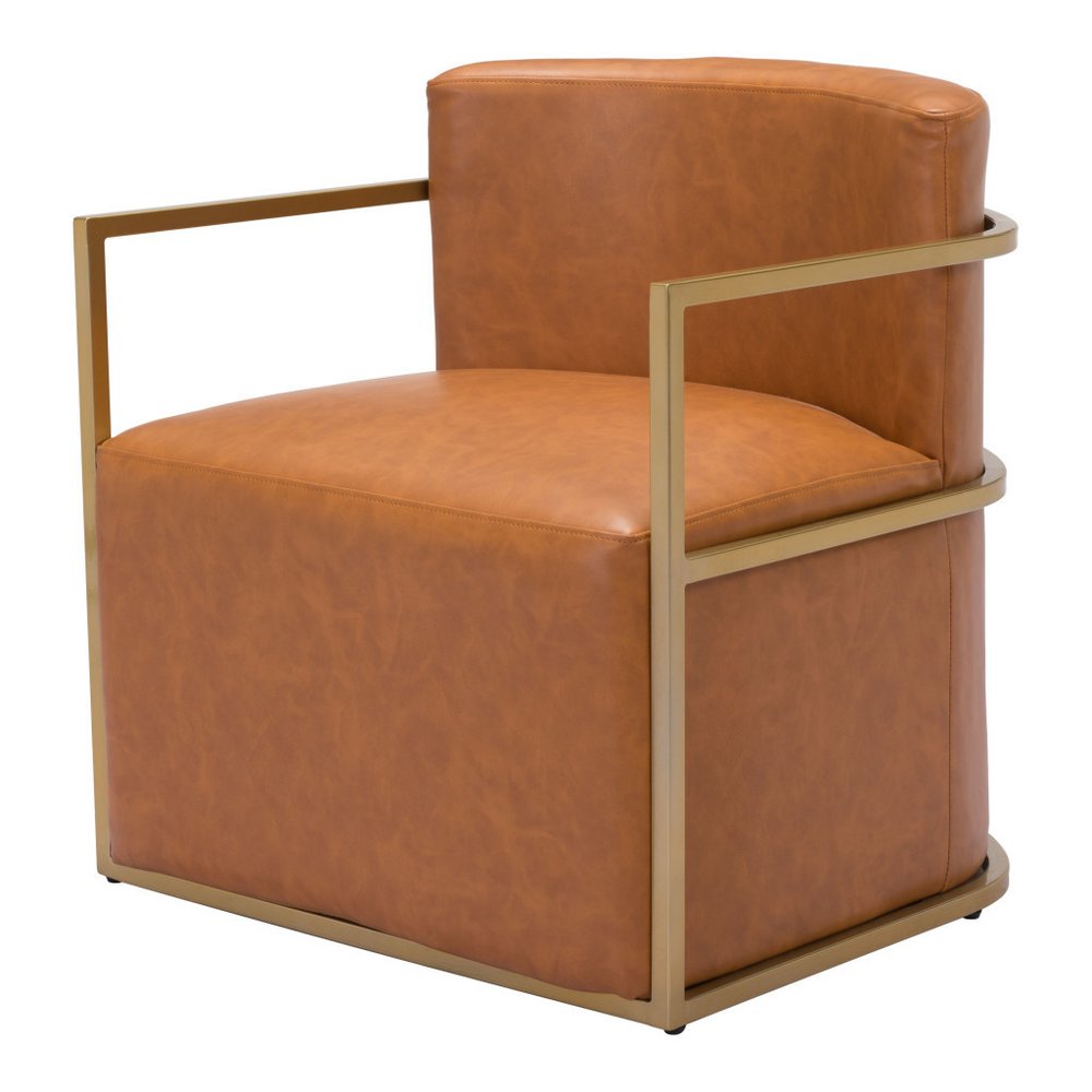 27" Brown and Gold Faux Leather Curved Accent Chair