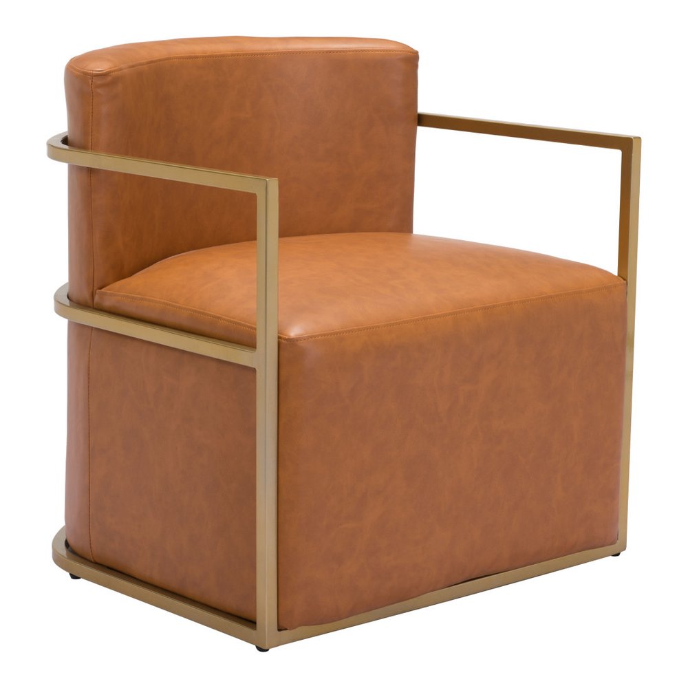 27" Brown and Gold Faux Leather Curved Accent Chair