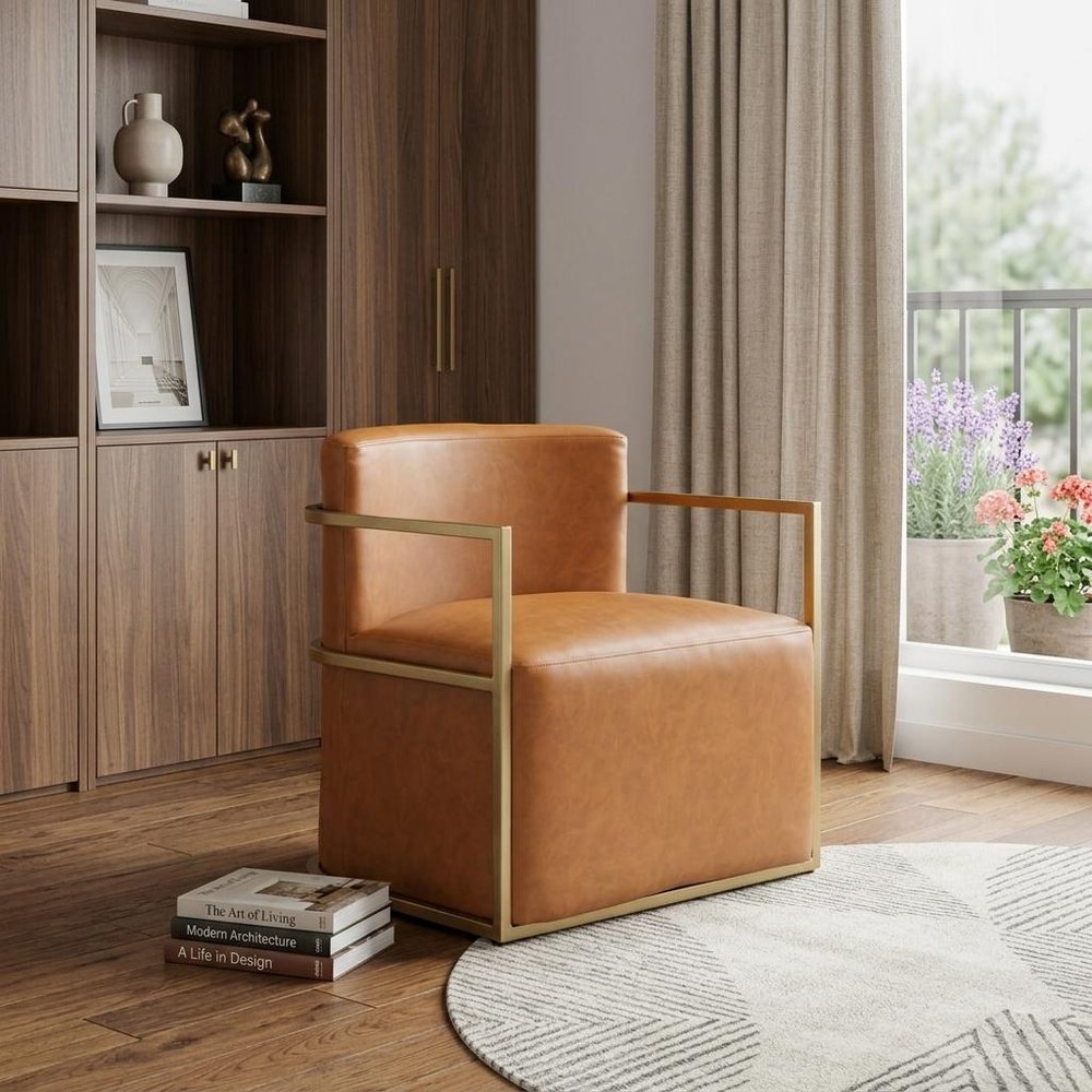 27" Brown and Gold Faux Leather Curved Accent Chair