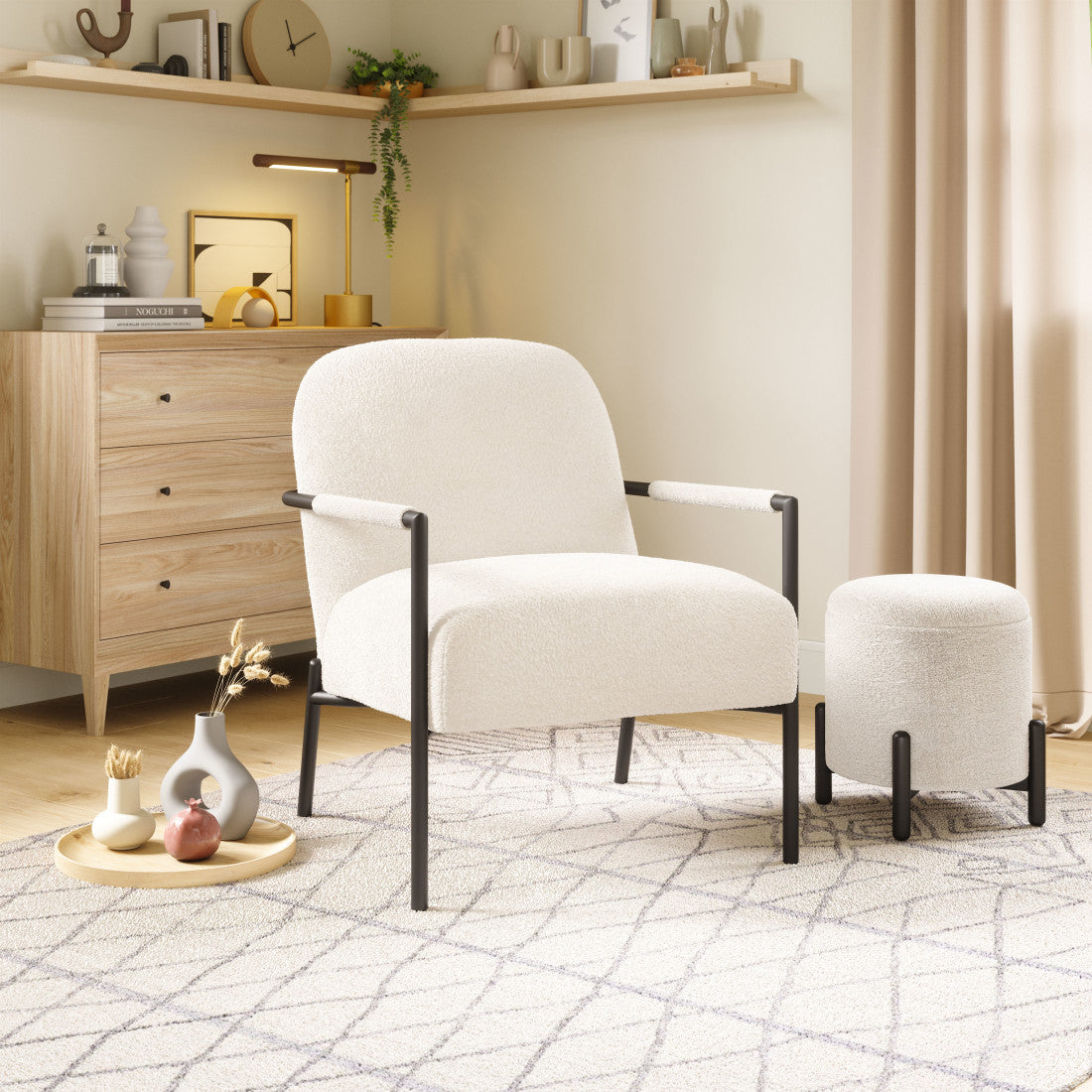 26" White and Black Sherpa Arm Chair