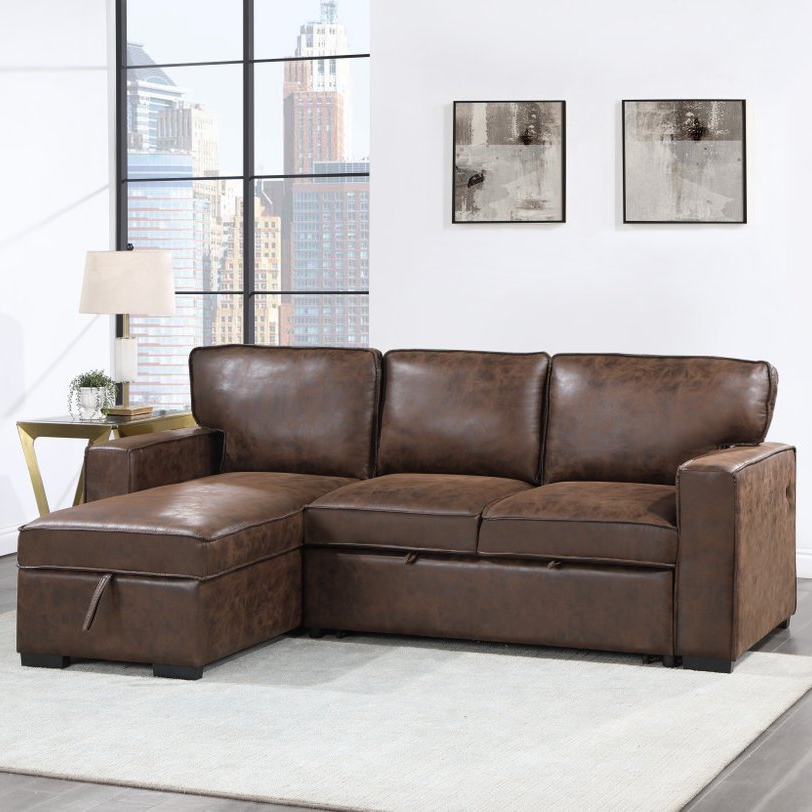92" Brown Faux Leather Sleeper Sofa with Chaise