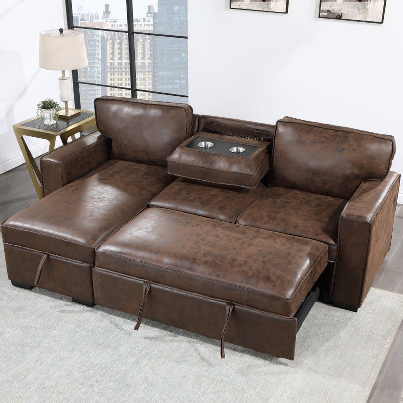 92" Brown Faux Leather Sleeper Sofa with Chaise