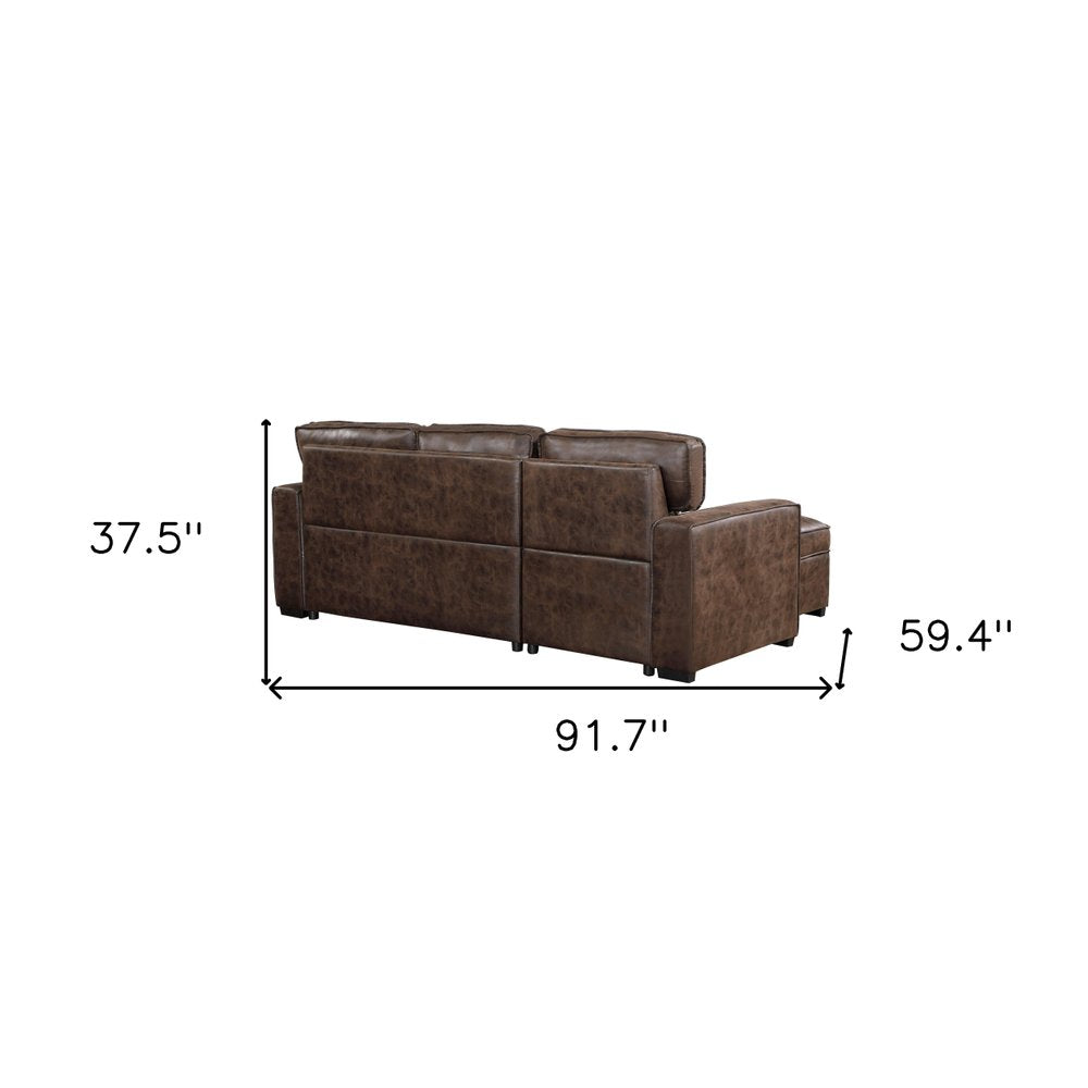 92" Brown Faux Leather Sleeper Sofa with Chaise
