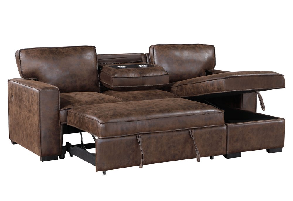 92" Brown Faux Leather Sleeper Sofa with Chaise