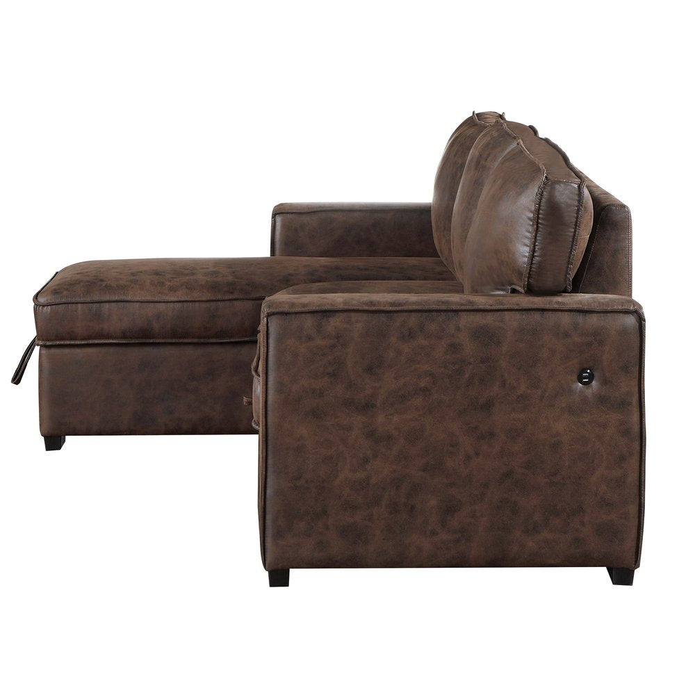 92" Brown Faux Leather Sleeper Sofa with Chaise