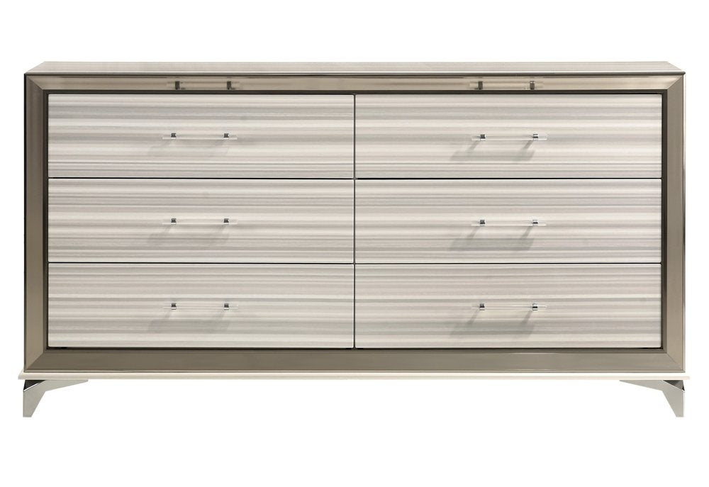 64" White and Silver Wood and Metal Dresser