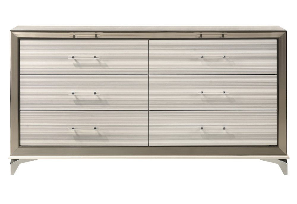 64" White and Silver Wood and Metal Dresser