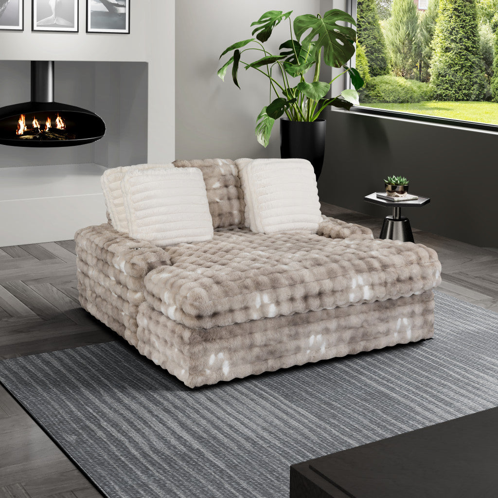 64" Gray Faux Fur Lounger with USB and Toss Pillows