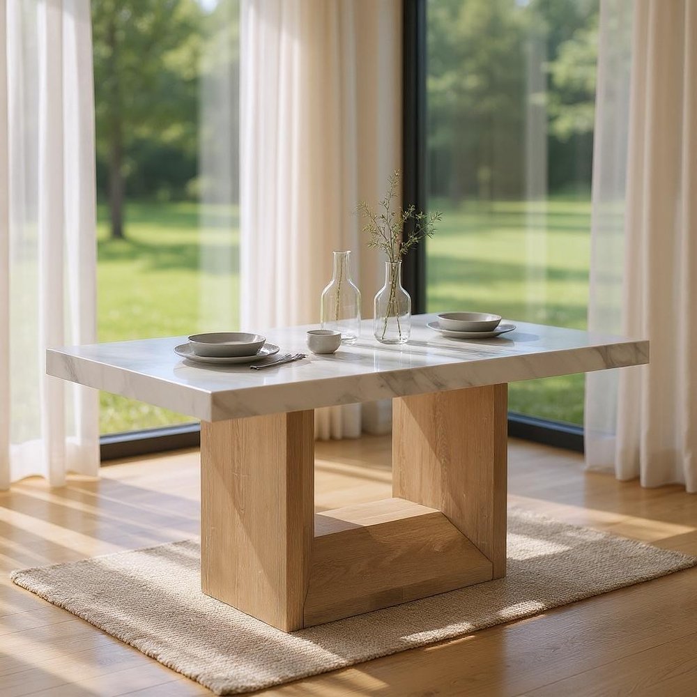 70" White and Brown Faux Marble and Wood Pedestal Dining Table