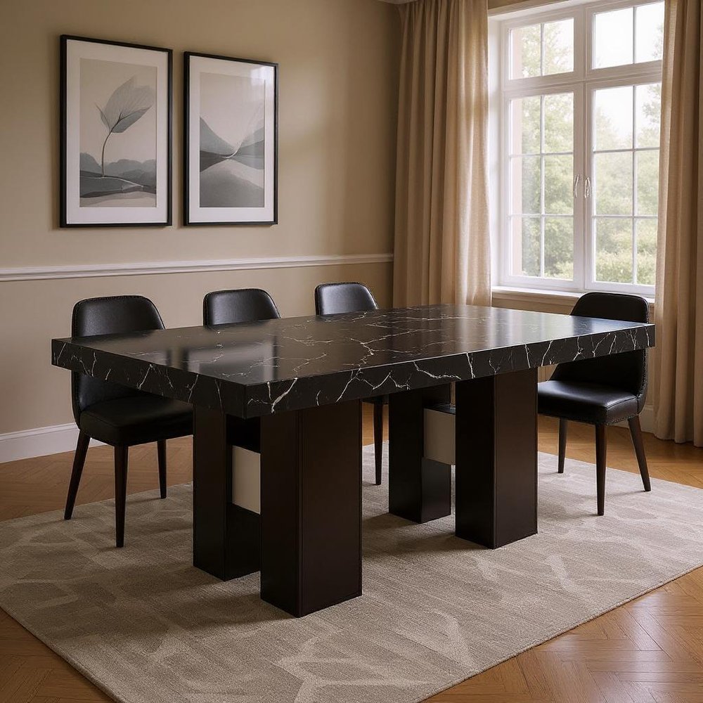 70" Black Faux Marble and Wood Double Pedestal Dining Table