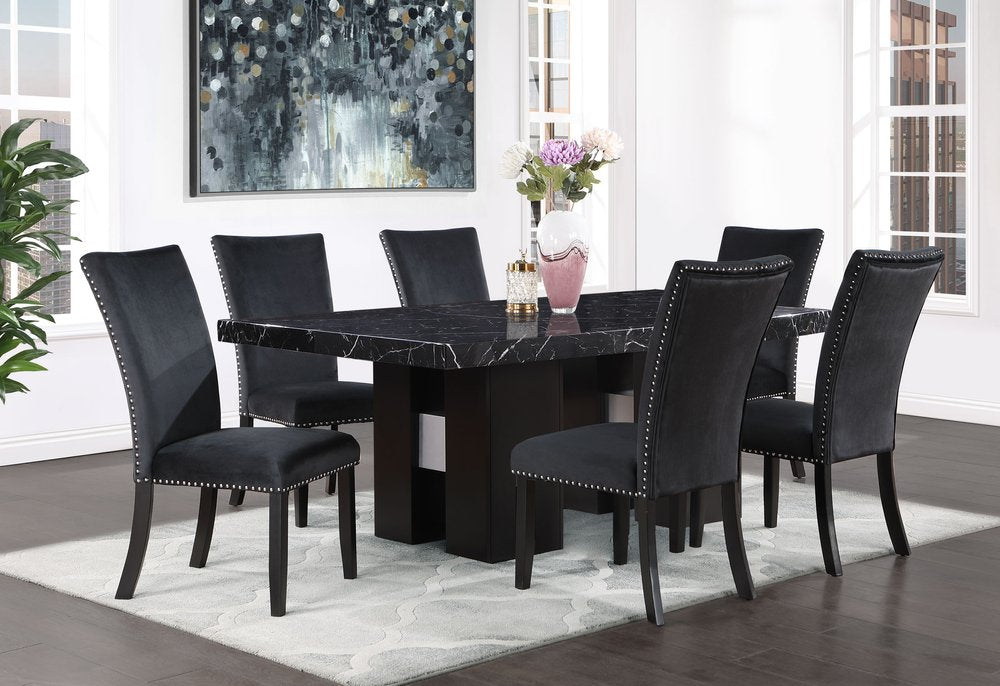 70" Black Faux Marble and Wood Double Pedestal Dining Table