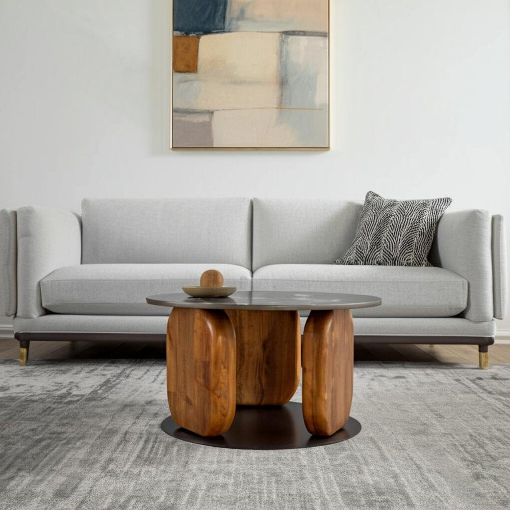 30" Black and Brown Marble and Wood Round Coffee Table