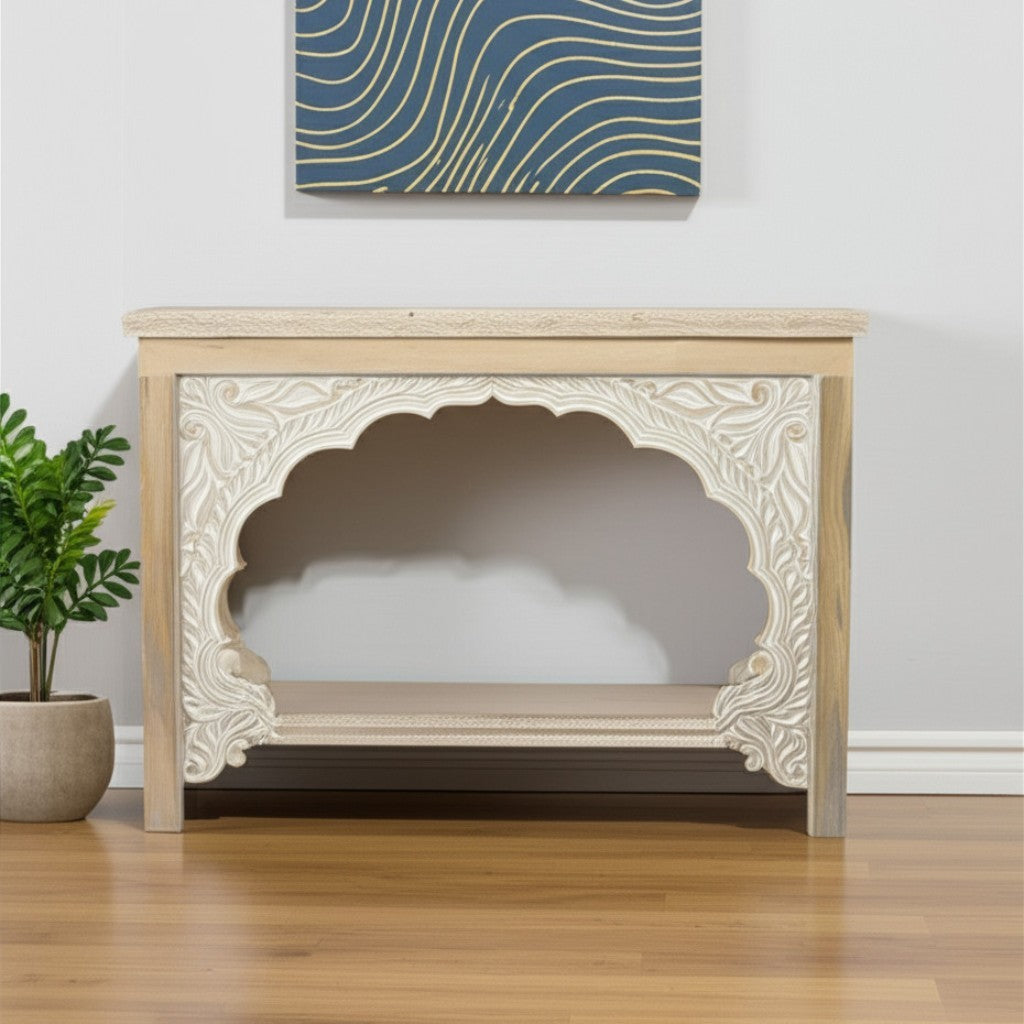 56" Natural Carved Scrollwork Wood Console Table