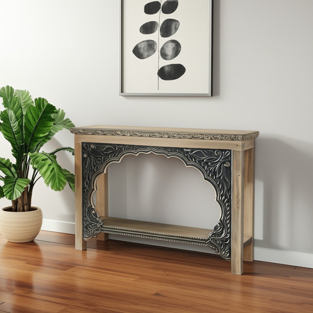 56" Natural Carved Scrollwork Wood Console Table