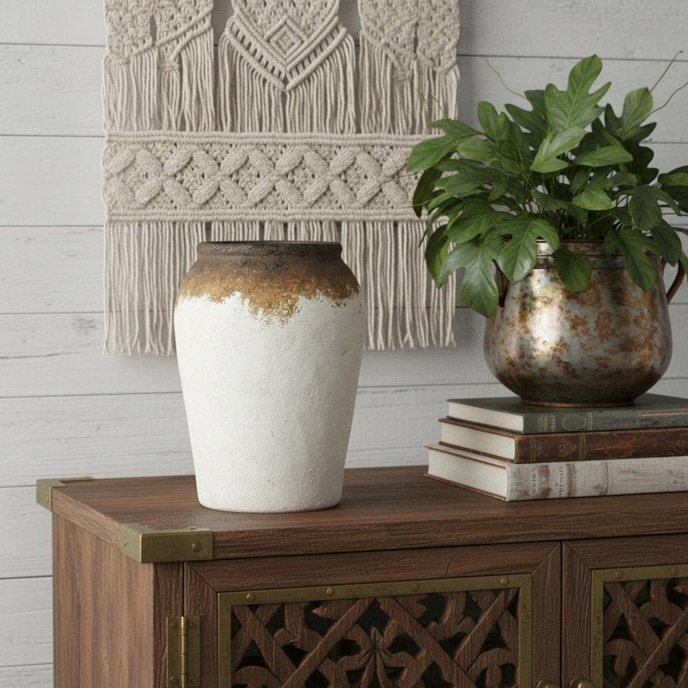 10" Brown and White Ceramic Round Jug Vase