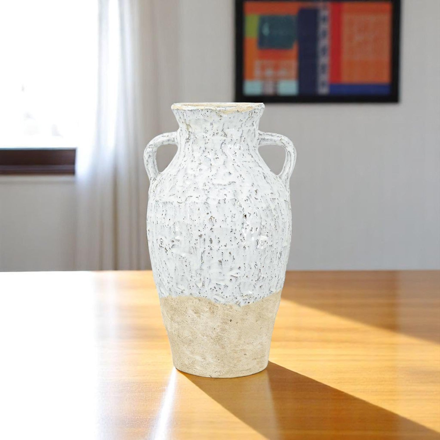 14" White and Beige Terracotta Amphora Vase