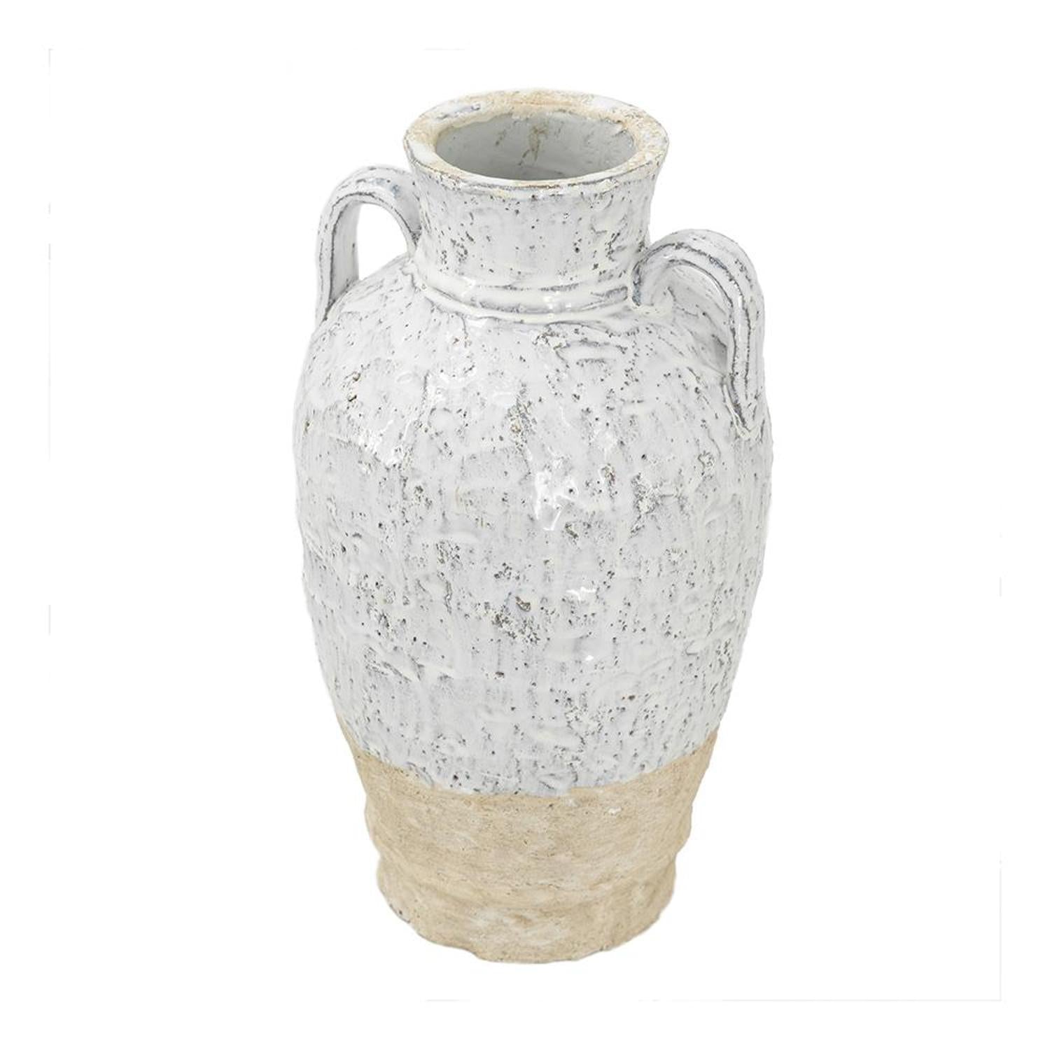 16" White and Beige Terracotta Amphora Vase