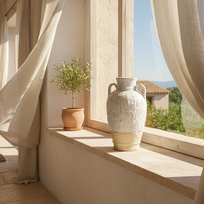 16" White and Beige Terracotta Amphora Vase