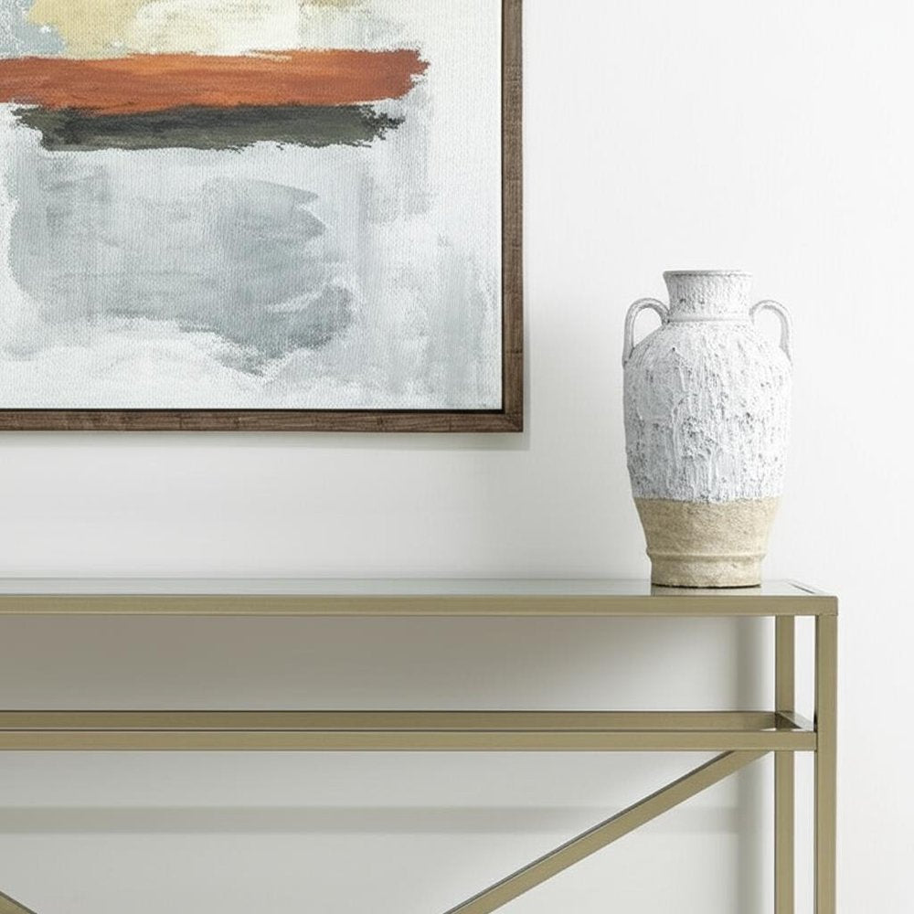 16" White and Beige Terracotta Amphora Vase