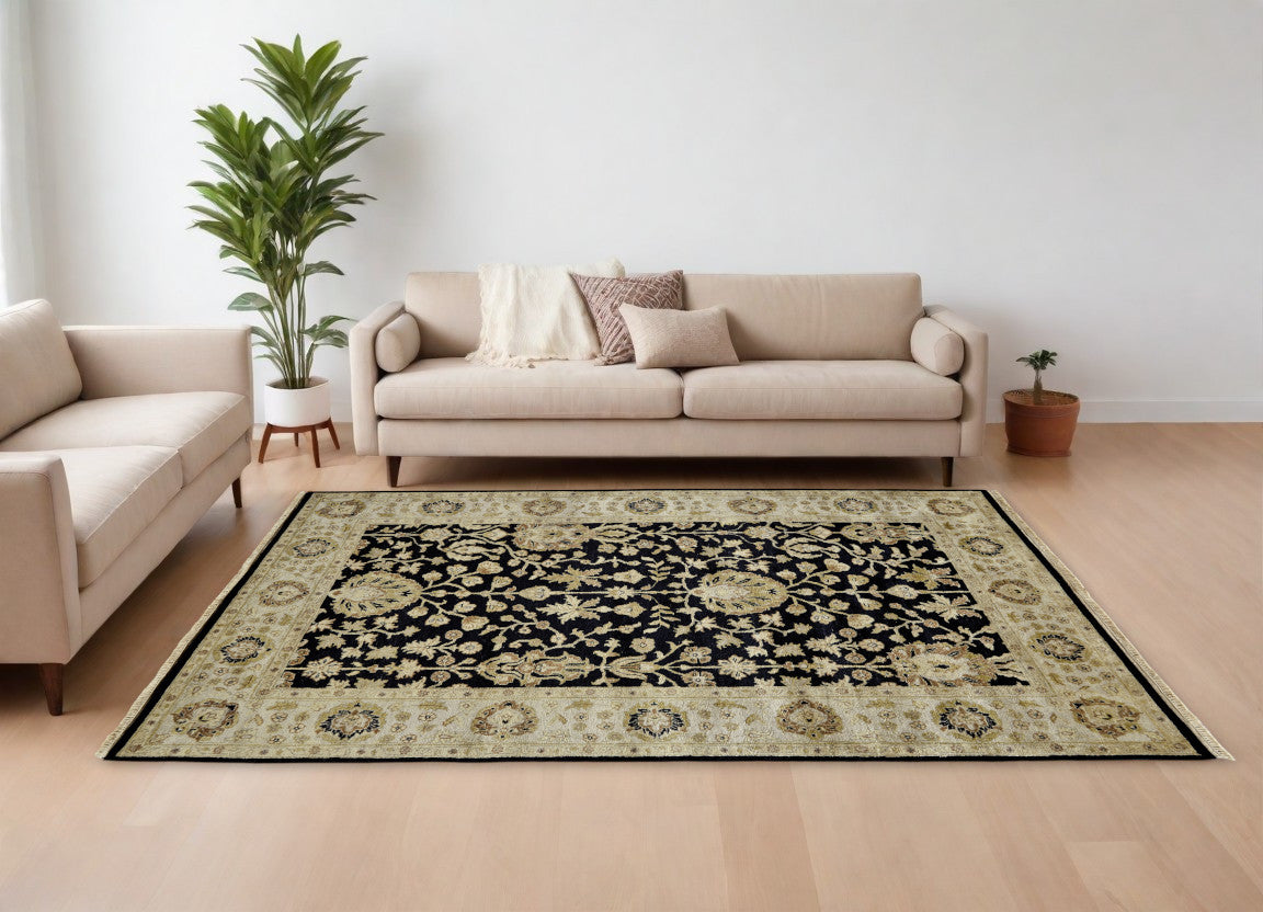 Beige and Black Wool Oriental Rug