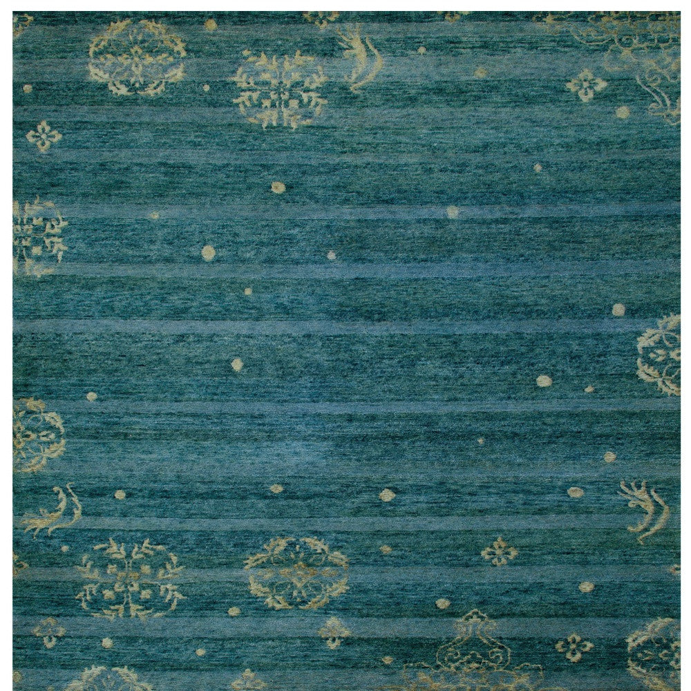 Blue, Green, and Tan Striped Medallion Hand Knotted Wool Rug