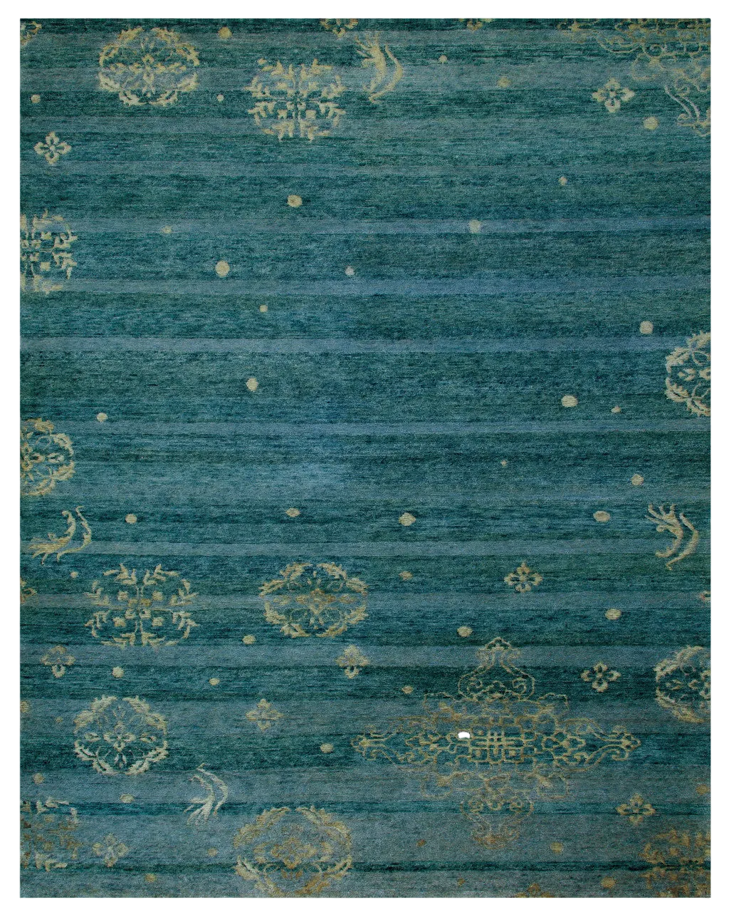 Blue, Green, and Tan Striped Medallion Hand Knotted Wool Rug