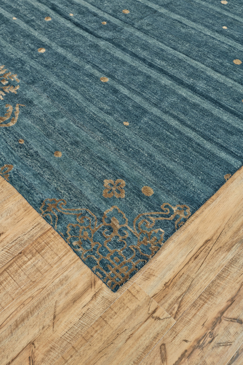 Blue, Green, and Tan Striped Medallion Hand Knotted Wool Rug