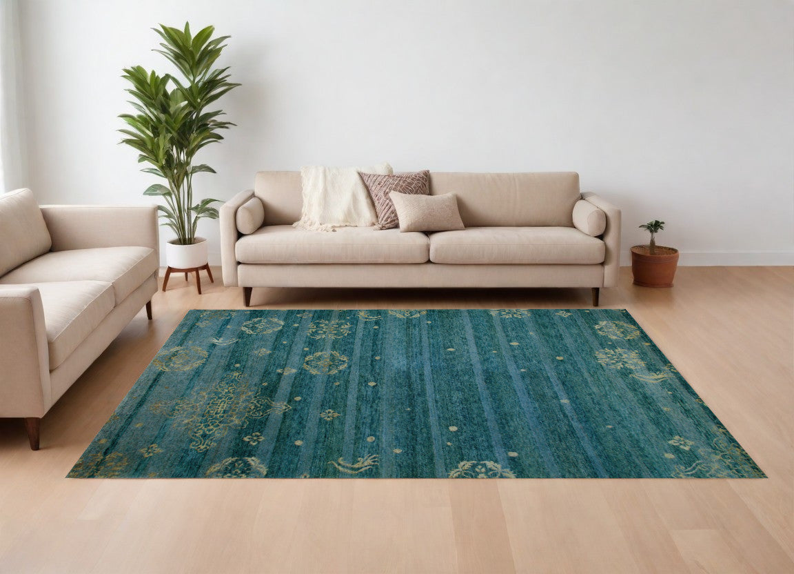 Blue, Green, and Tan Striped Medallion Hand Knotted Wool Rug