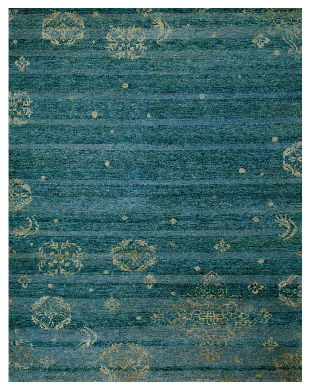 Blue, Green, and Tan Striped Medallion Hand Knotted Wool Rug