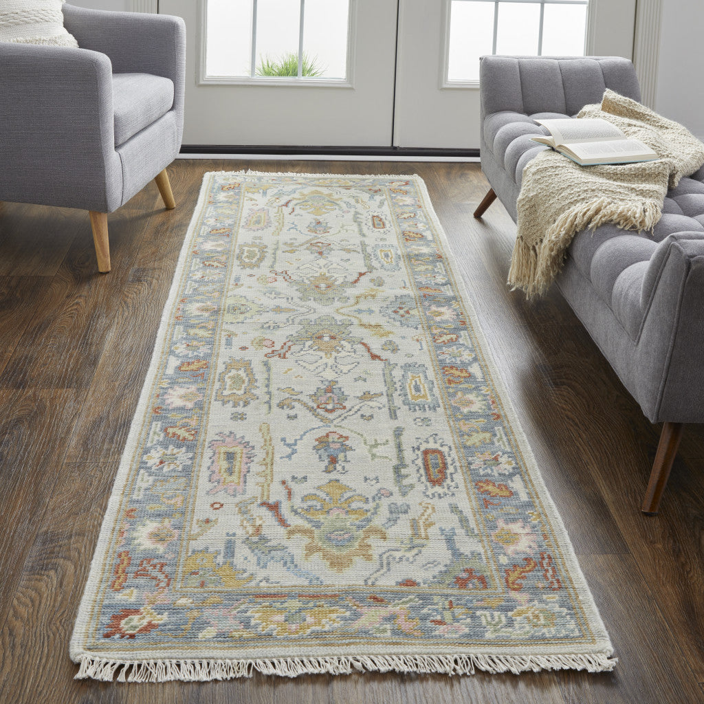 2' x 8' Gray, Blue, and Beige Oriental Runner Rug