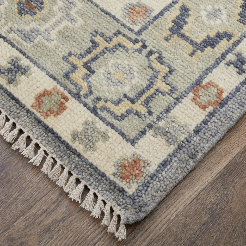 2' x 10' Gray, Blue and Taupe Wool Hand Knotted Bohemian Rug