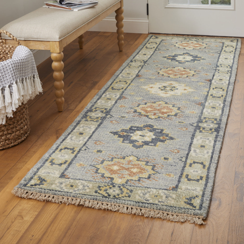 2' x 10' Gray, Blue and Taupe Wool Hand Knotted Bohemian Rug