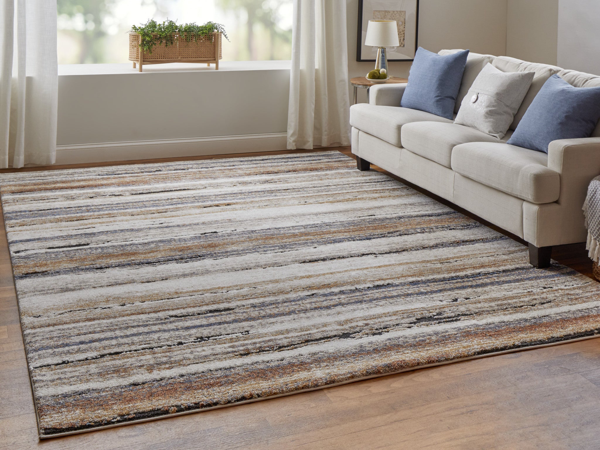 Ivory, Blue, and Brown Striped Rug