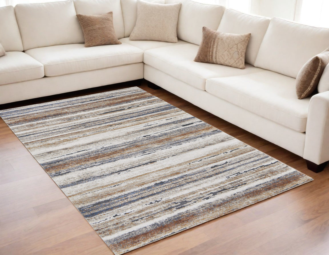 Ivory, Blue, and Brown Striped Rug