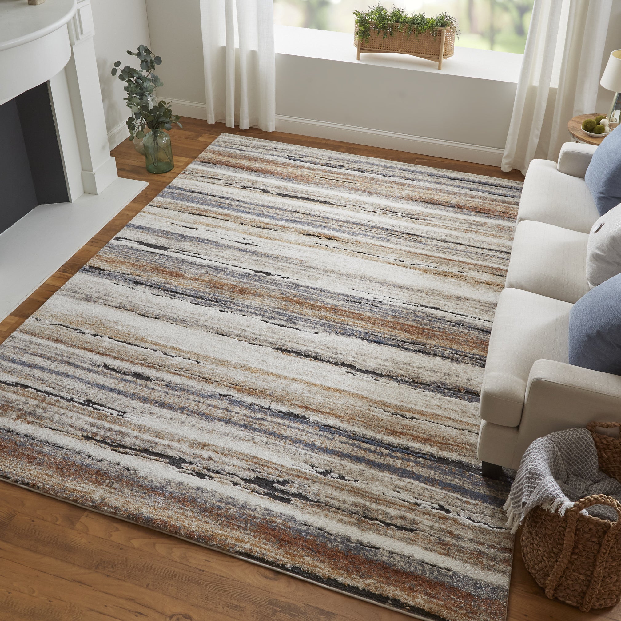 Ivory, Blue, and Brown Striped Rug