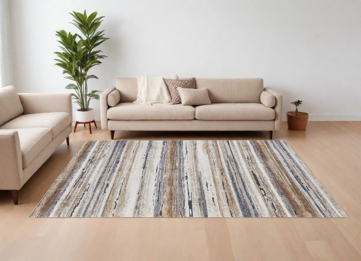 Ivory, Blue, and Brown Striped Rug